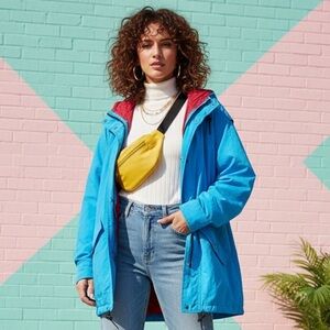 Vintage 80s Wind Rain Nylon Jacket Size Medium Large Blue Red Retro Bay Club